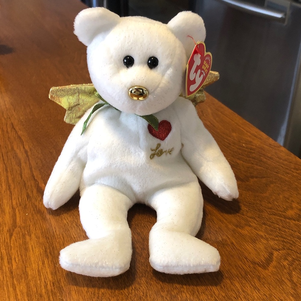 Ty Beanies Love Gift bear 2003/EUC/ White with gold wings